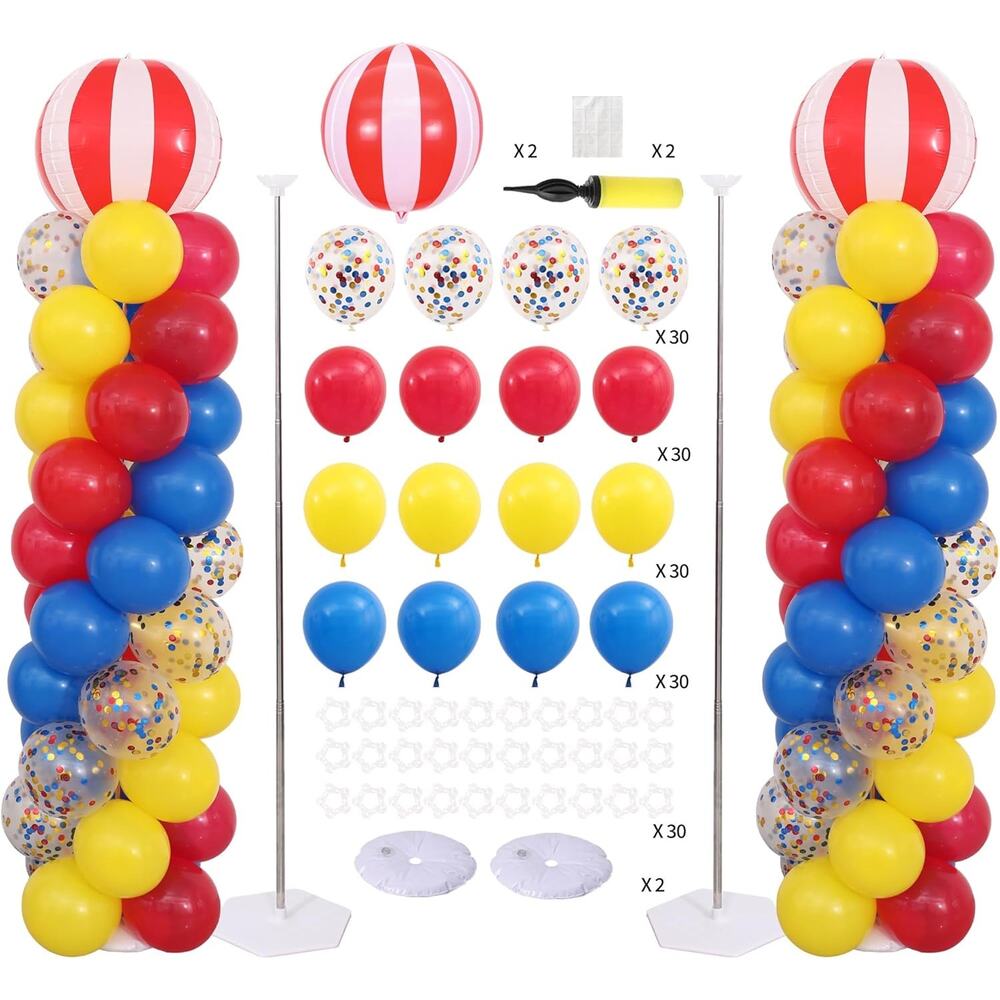 Carnival Circus Column Stand Kit 2 Sets & Adjustable Pillars, 122Pc Balloons